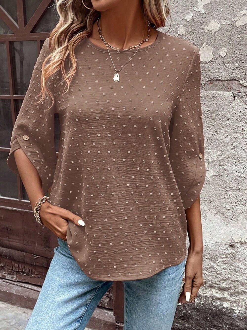 Chocolate Brown Casual Women's Polka Dot Round Neck Loose Fit Regular Length Top - Picture 5 of 7